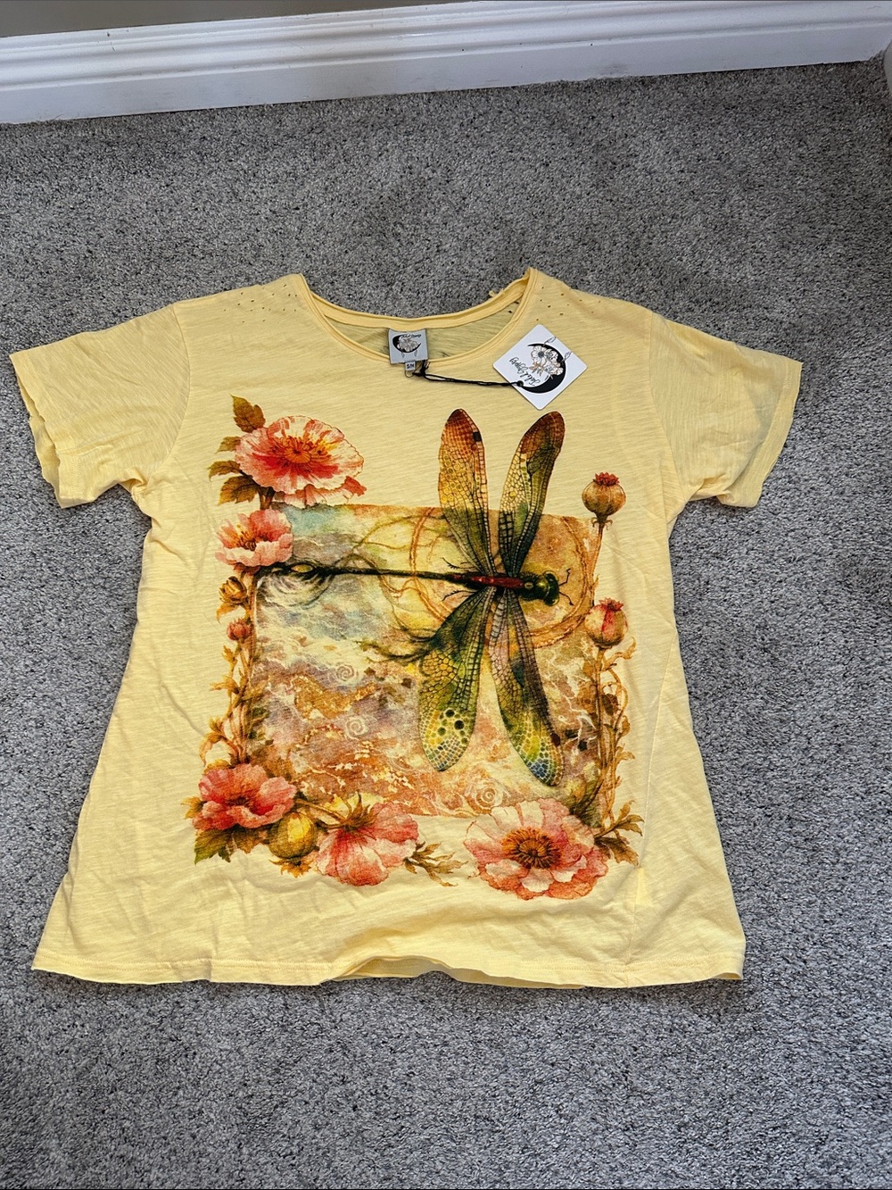 NWT Jaded Gypsy Moon Dance Travel About Dragonfly Graphic Tee ~ Yellow